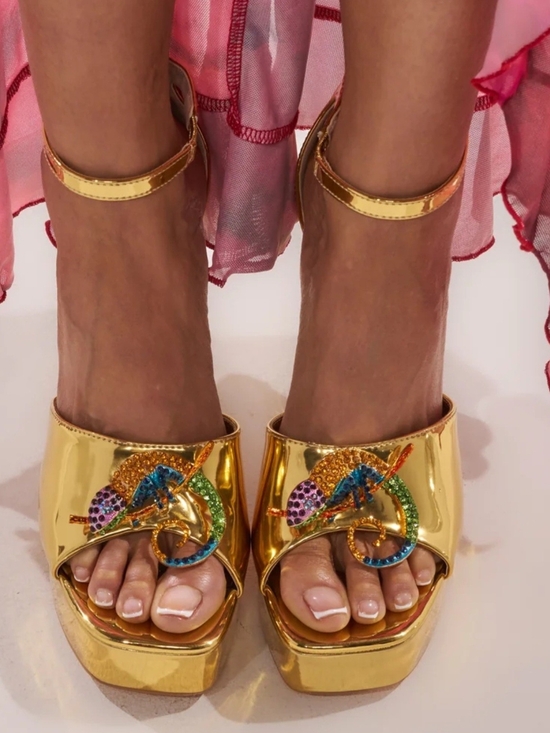 azelea wang Shoes - Gold Metallic Platform Heels with Multicolor Jeweled Chameleon